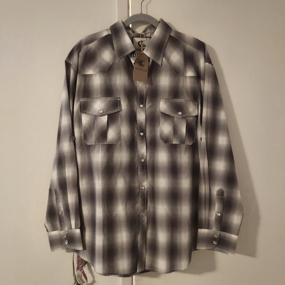 Men's long sleeve grey plaid snap up shirt - Picture 2 of 9